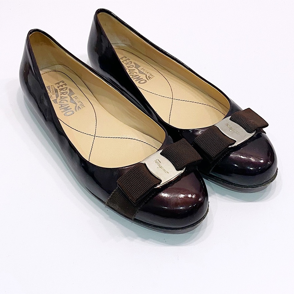 Ferragamo Brown Patent Leather Flats - Picture 2 of 12